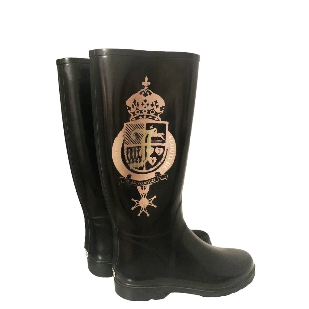 Juicy Couture Rain Boots Black Logo Wellies Knee High